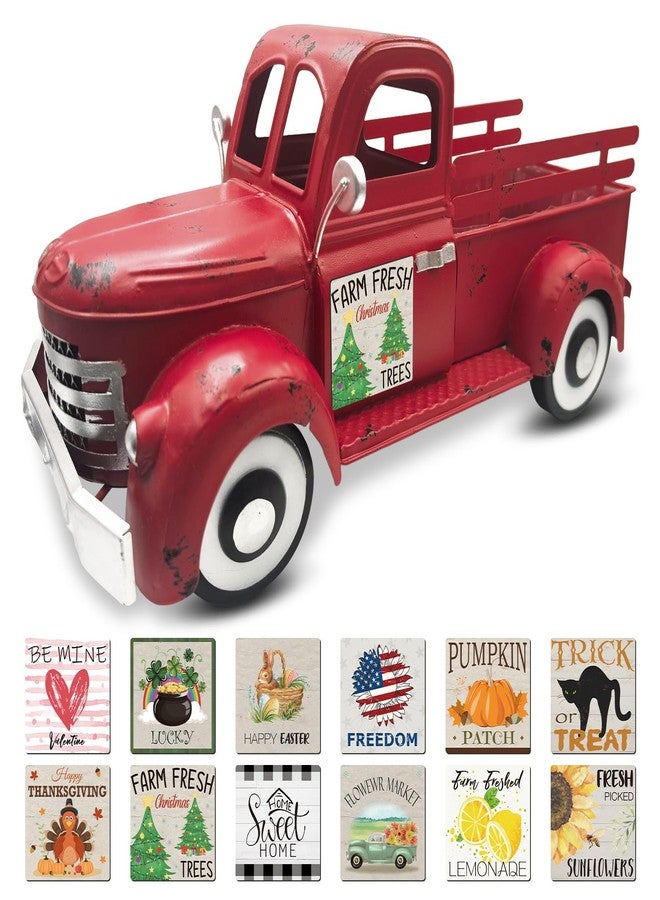 Teeloray Christmas Red Truck Decor 13.4 Inch Farmhouse Vintage Metal Truck with 12 Magnets Indoor Christmas Table Decorations for Home Kitchen Mantel Winter Holiday Xmas Interchangeable Seasonal Decor - Image 1
